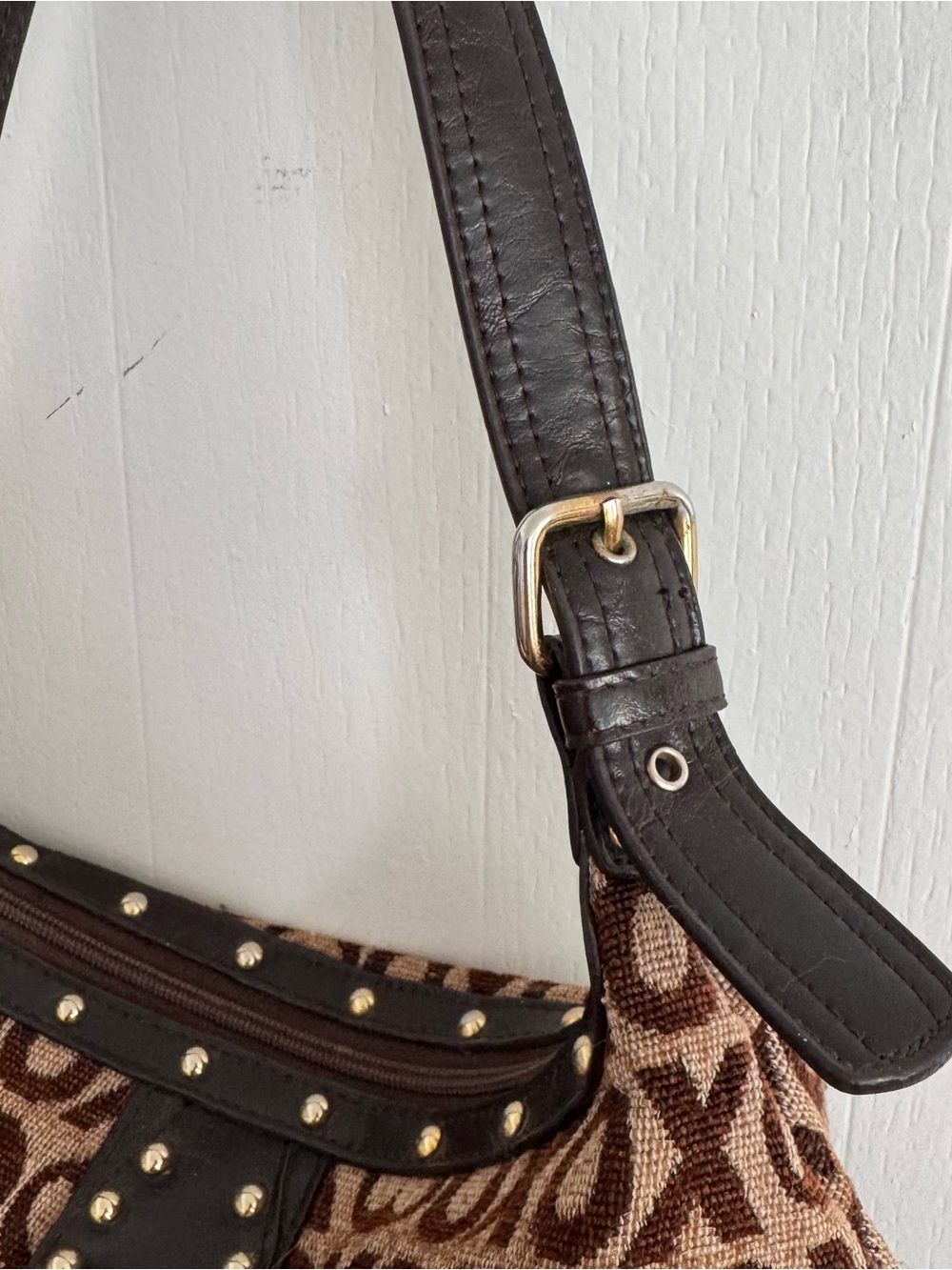 XOXO Brown and Tan Monogram Shoulder Bag with Gold Plate - Picture 3 of 5